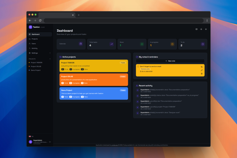 Taskion screenshot dashboard